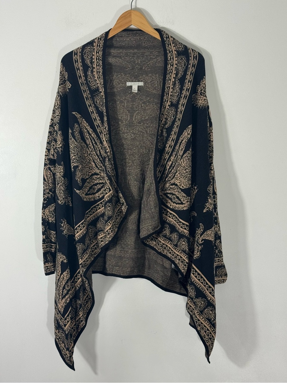 Dana Buchman Open Draped Bohemian Paisley Jacquard Cardigan Black & Gold Size L